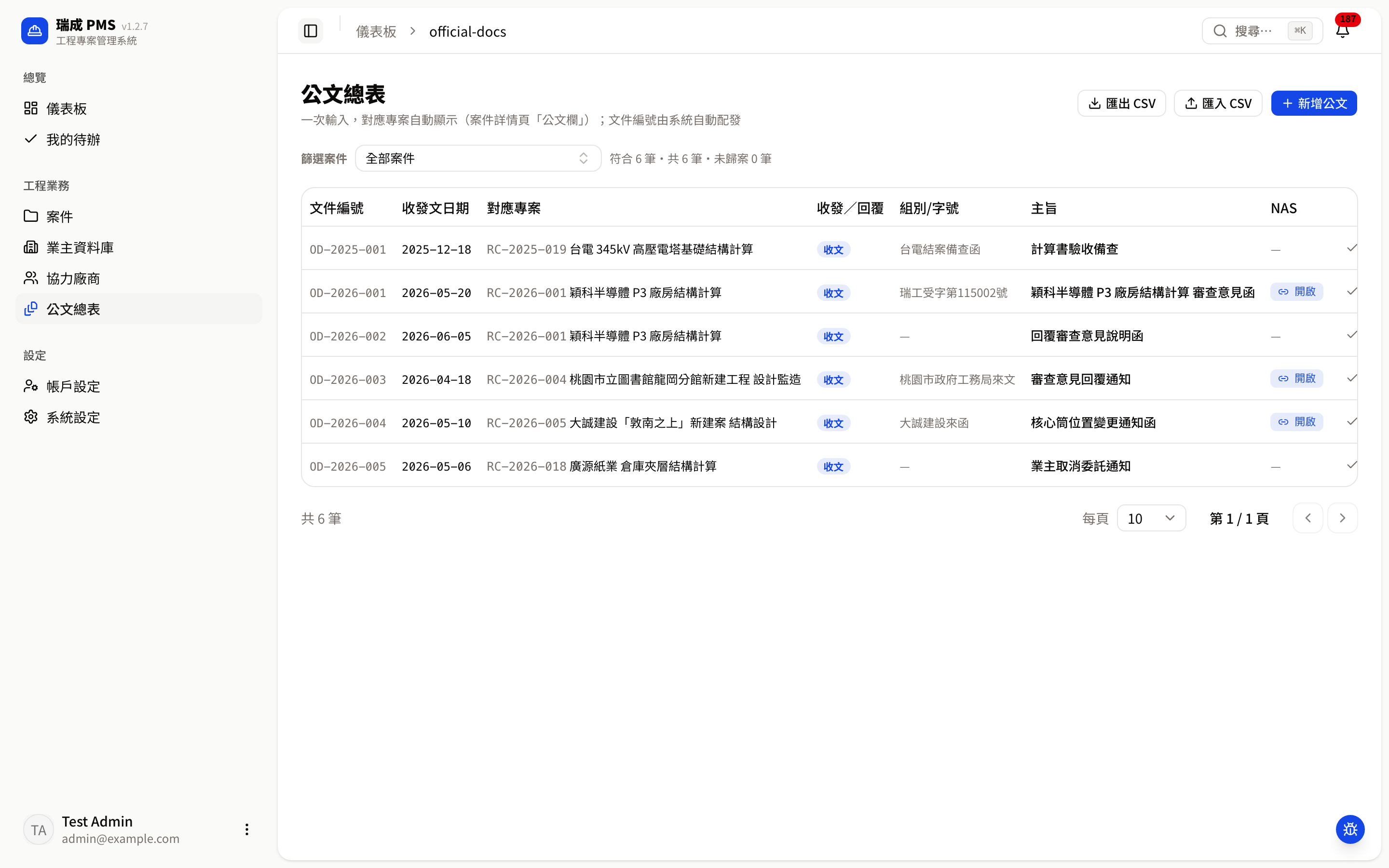 公文總表：新增「收發／回覆」欄